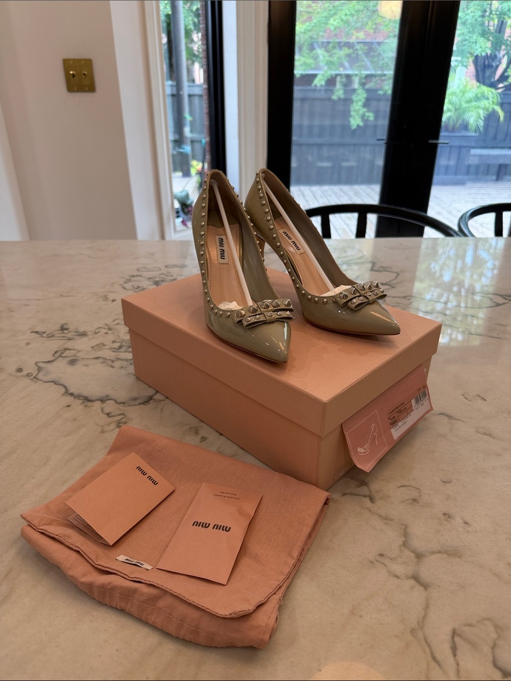 Miu Miu Patent Leather Studded Pointed Pumps with Bow